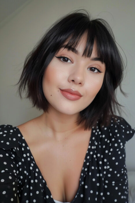 Woman with short black hair and curtain bangs.