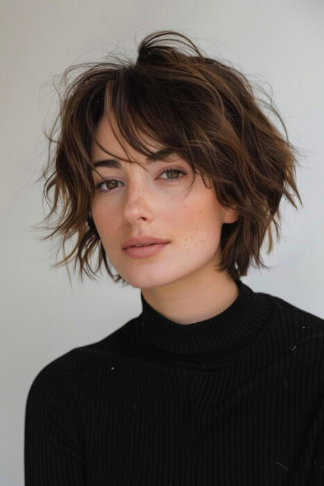 Woman with short brunette hair and bangs.