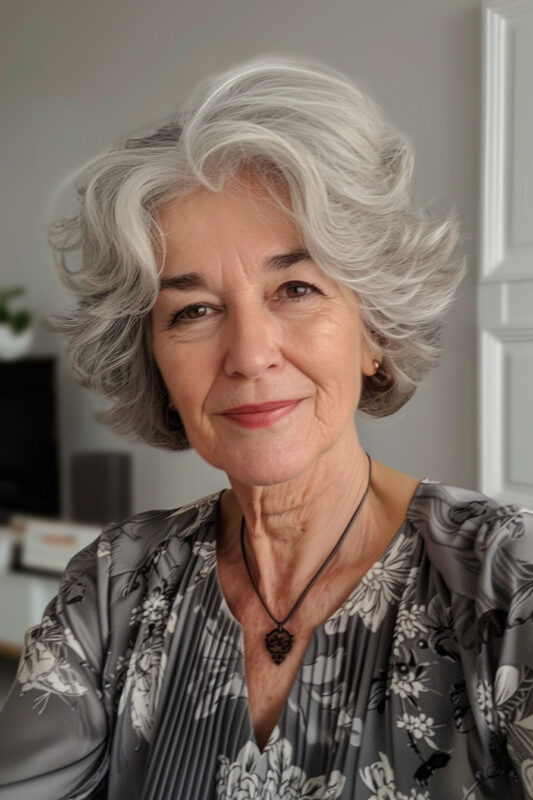 Woman with a short, messy bob haircut.