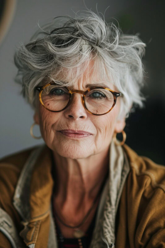 Woman with a short, messy hairstyle perfect for women over 60.