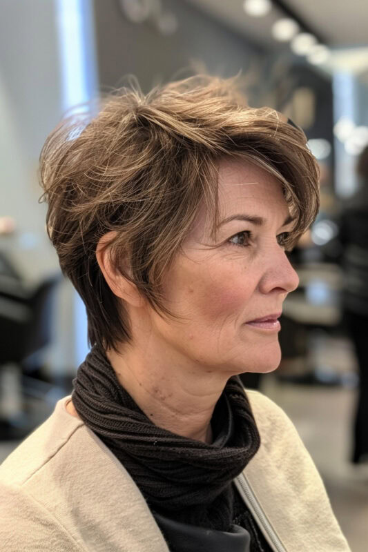 Woman with short, messy layered hair.