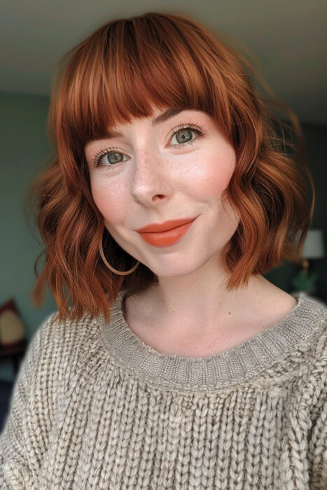 Woman with a short red bob and bangs.