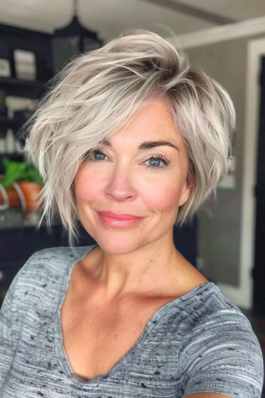 Mujer con un corte de pelo corto y peludo.