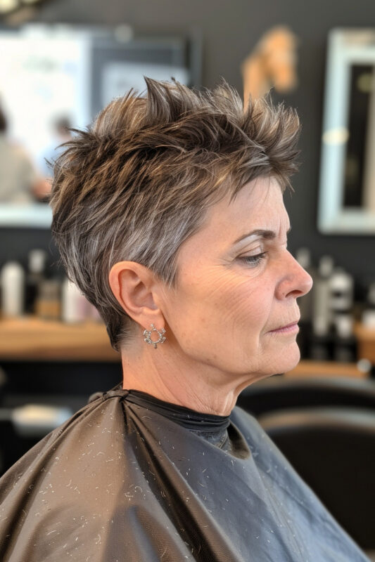 Woman with a short, spiky pixie haircut.