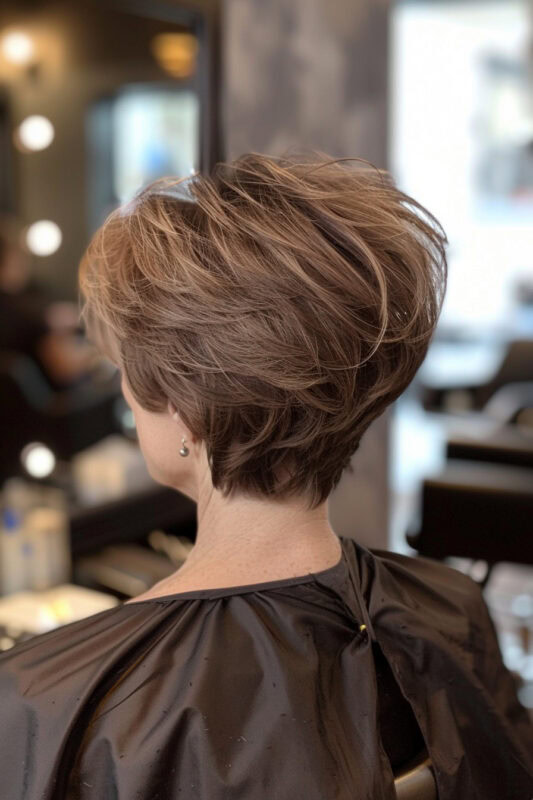 Woman with a short, stacked wedge haircut.