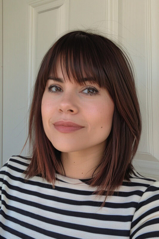 Woman with a shoulder length bob and bangs.