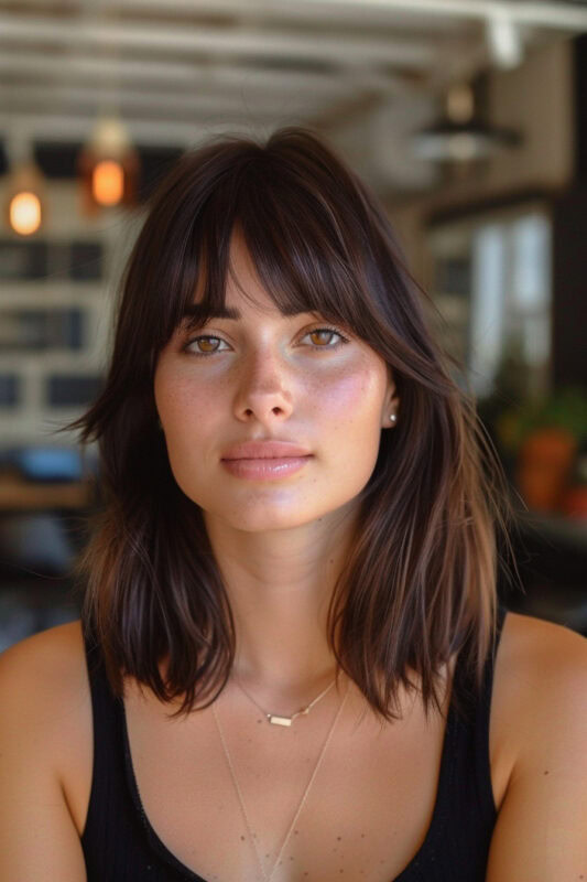 Woman with a shoulder length bob and curtain bangs.