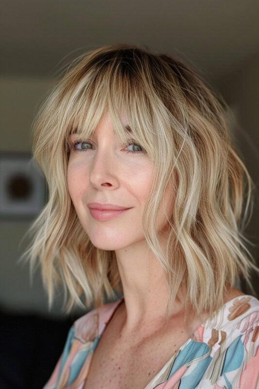 Woman with choppy, shoulder length hair and bangs.