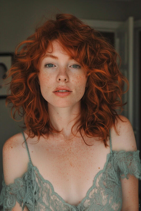 Woman with a shoulder length curly bob.