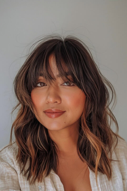 Woman with shoulder length hair and long bangs.