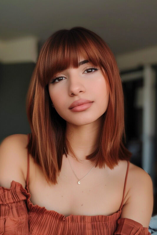 Woman with shoulder length hair and straight bangs.