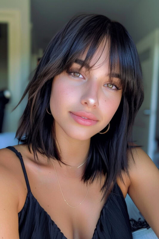 Woman with shoulder length hair and wispy curtain bangs.