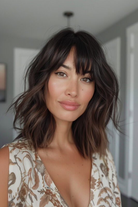 Woman with a shoulder length layered bob and bangs.