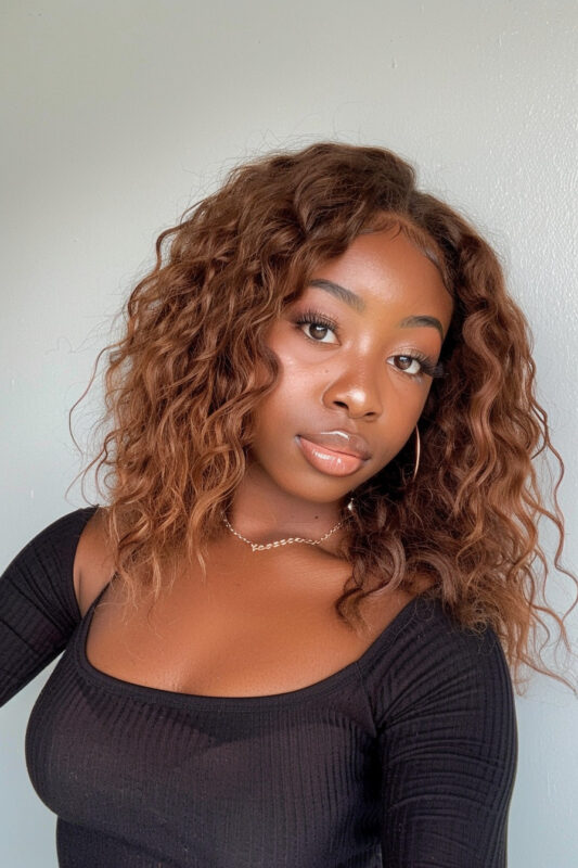 Woman with shoulder length layered curly hair.