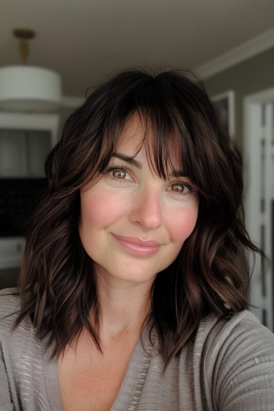 Woman with shoulder length layered hair and wispy bangs.