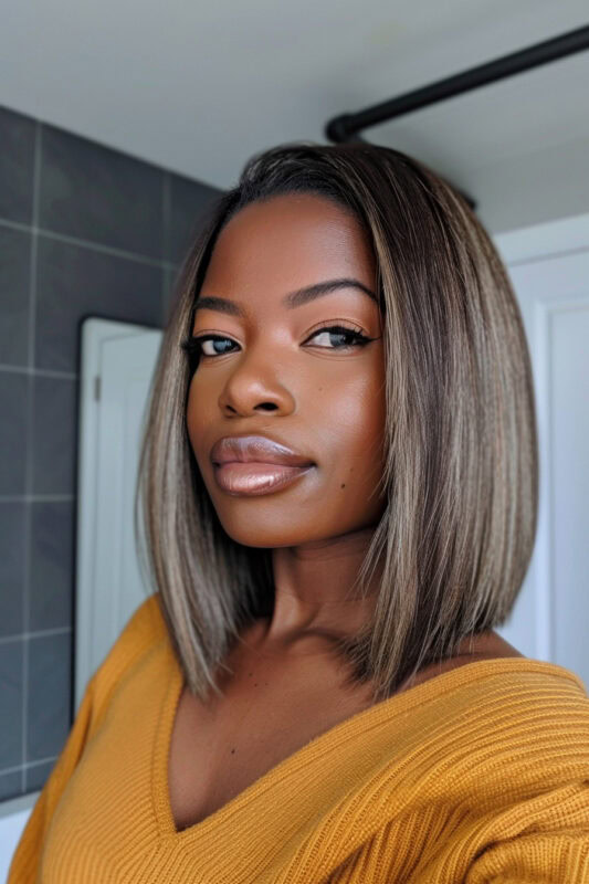 Woman with a sleek shoulder length bob.