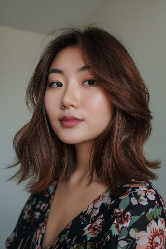 Woman with soft shoulder length layers hair cut.