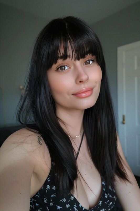 Woman with straight black hair and bangs.