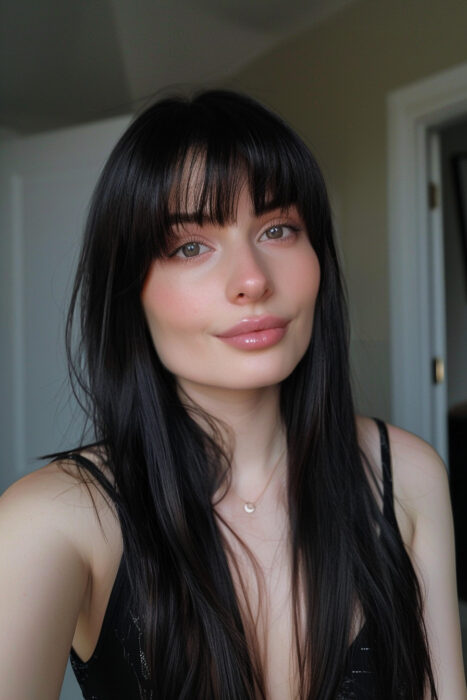 Woman with straight black hair and bangs.