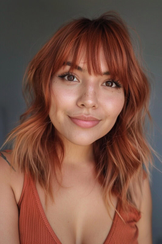 Woman with textured shoulder length hair and bangs.