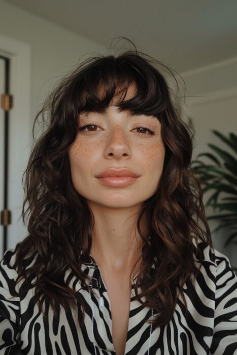 Woman with brunette hair and unstyled curtain bangs.