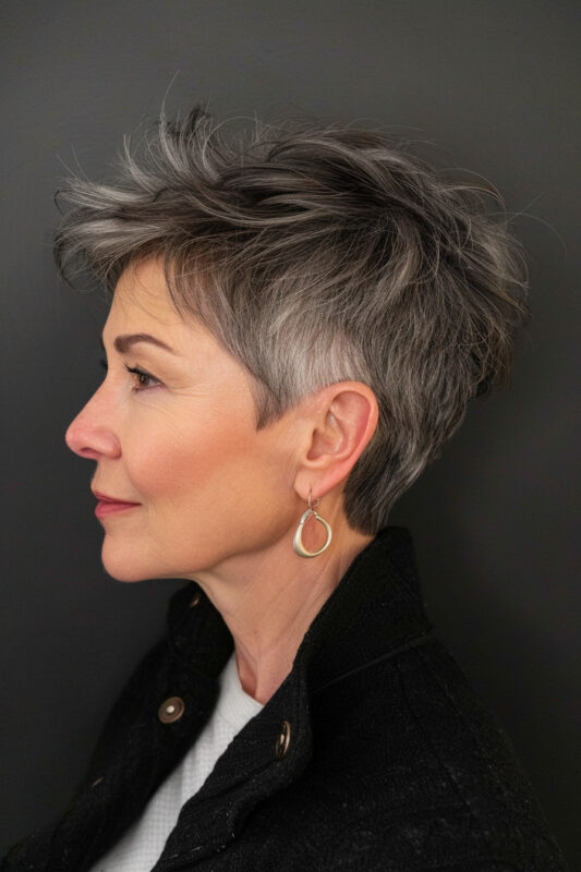 Woman with a very short pixie haircut.