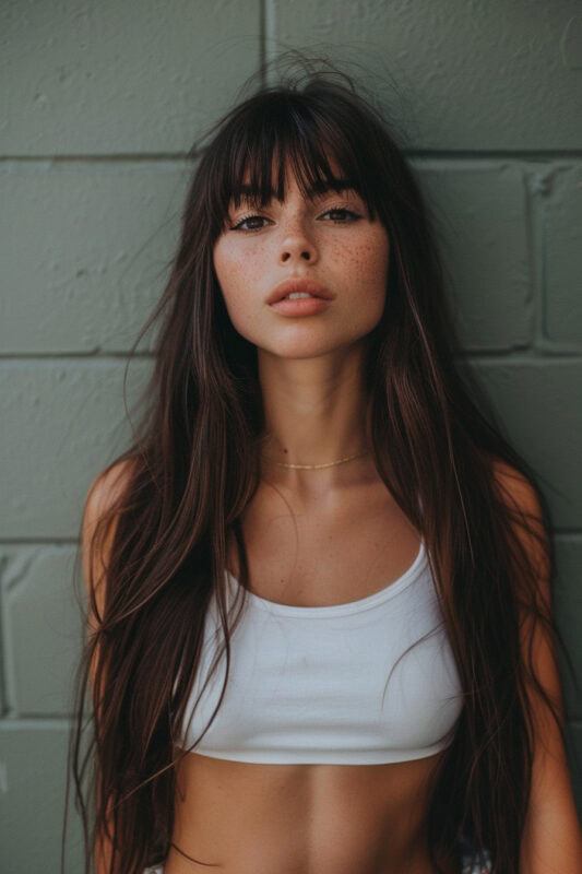 Woman with long brown hair and wispy bangs.