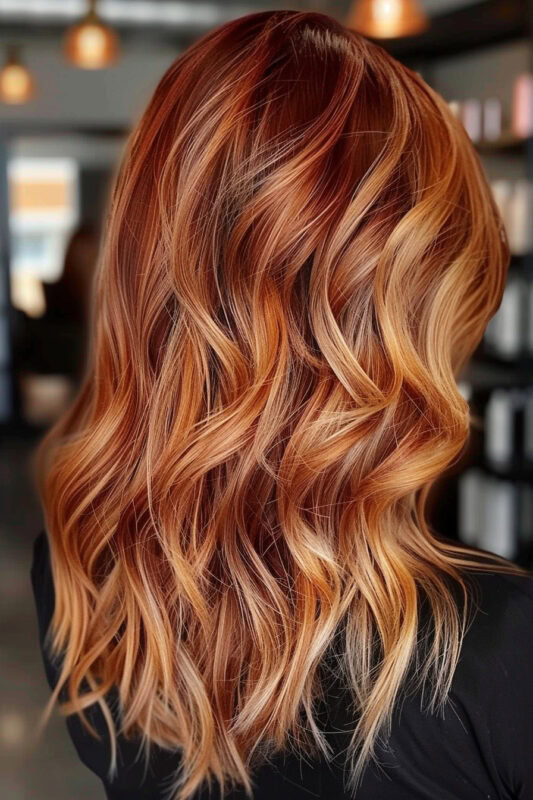 Woman with auburn hair and a blonde balayage.