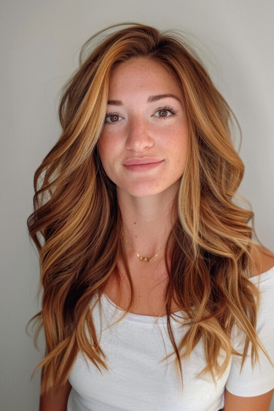 Woman with auburn hair and strawberry blonde highlights.