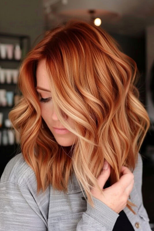 Woman with copper hair and a blonde balayage.