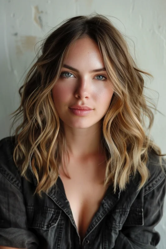 Woman with a blonde balayage on her dark brown hair.