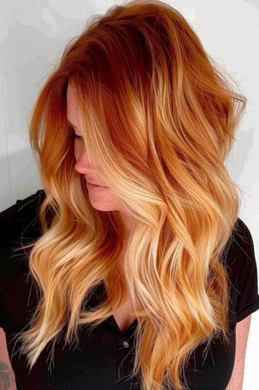 Woman with a blonde balayage on her ginger hair.