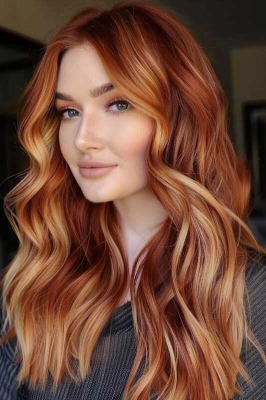 Woman with blonde highlights on her ginger hair.