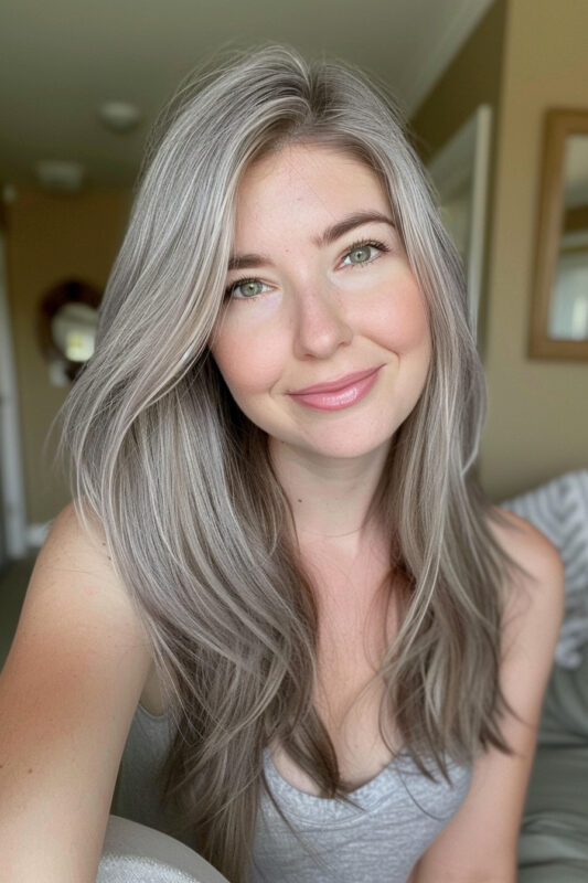 Woman with blonde hair starting to go grey.