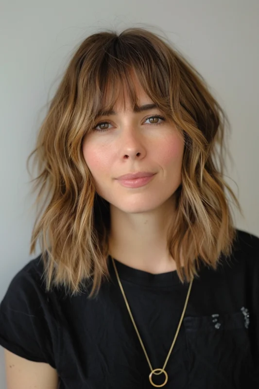 Woman with bronze brown hair and blonde babylights.