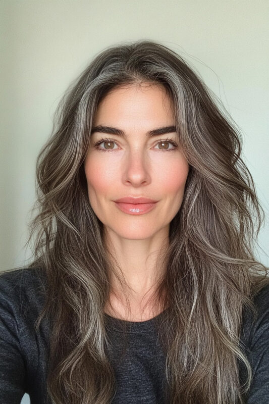 Mujer con cabello castaño volviéndose gris.