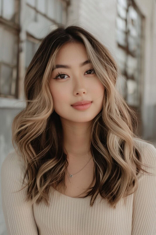 Woman with brown hair and blonde face-framing highlights.