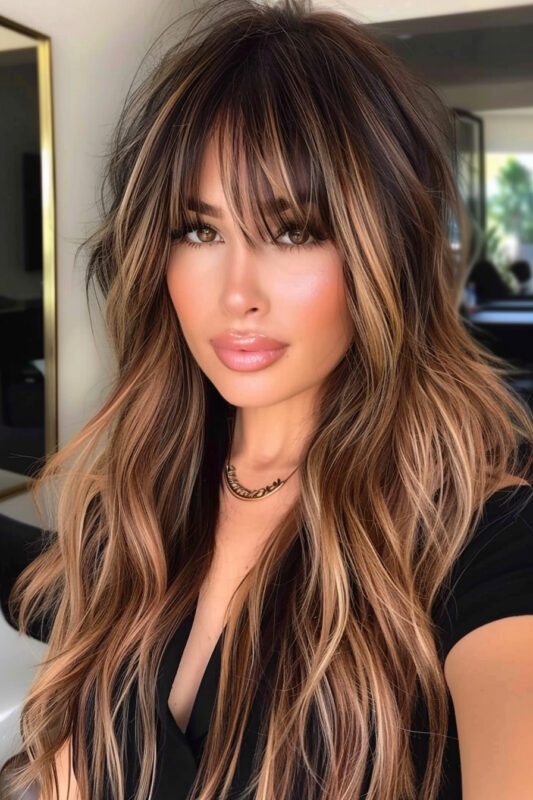 Woman with brown hair and a caramel balayage.