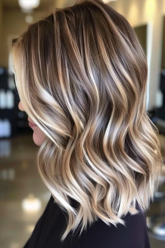 Woman with brown hair and platinum blonde highlights.