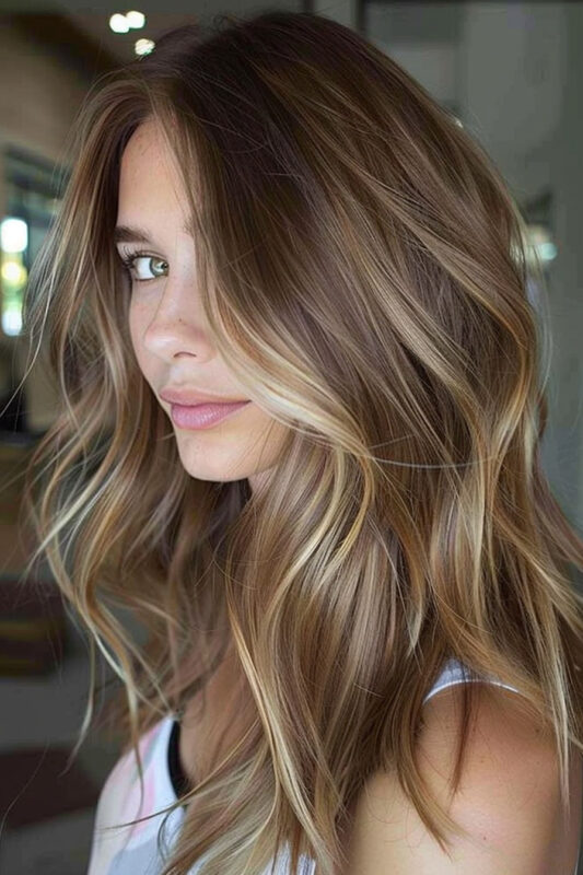 Woman with brown hair and sandy blonde highlights.