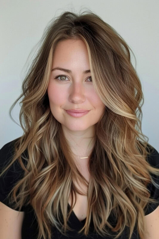 Woman with brown hair and subtle blonde highlights.