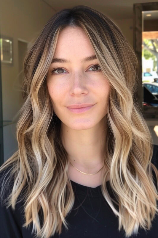 Woman with brown to blonde ombre hair.