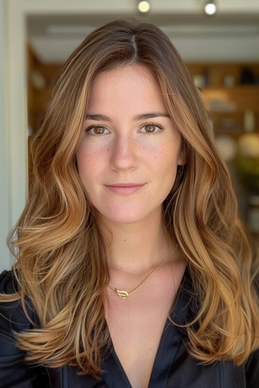 Woman with brown to dark blonde ombre hair.