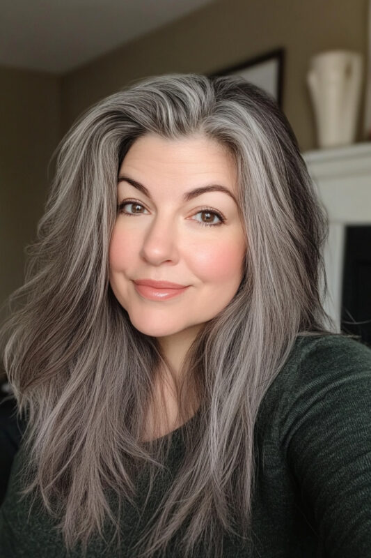 Woman undergoing a brown to grey hair transition.