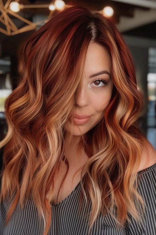 Woman with brownish red hair and caramel highlights.