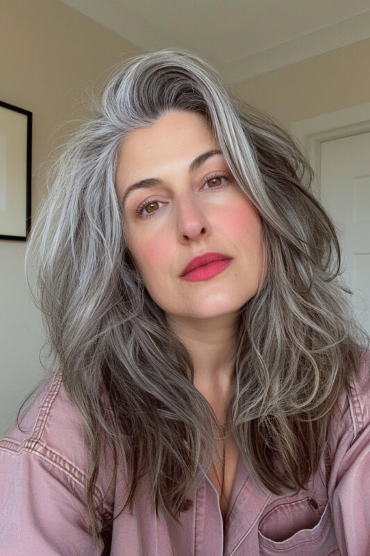 Mujer con cabello castaño que se vuelve gris.