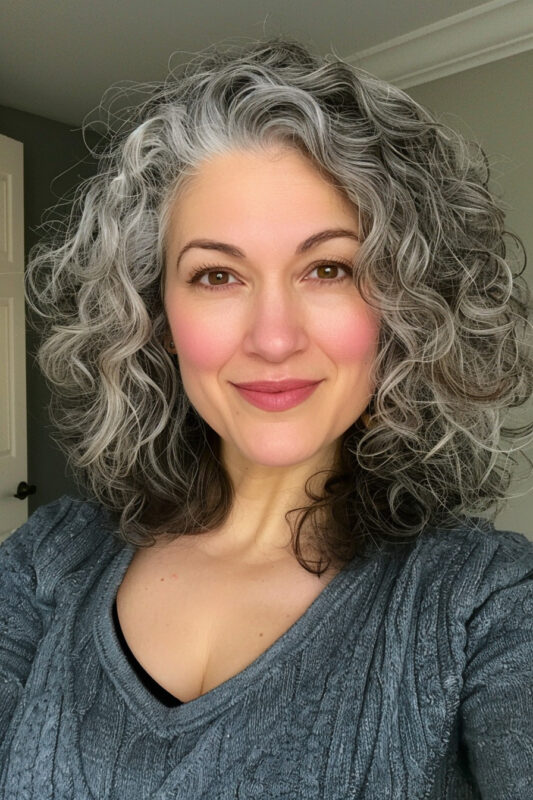 Woman in the process of a brunette to grey hair transition.