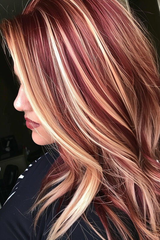 Mujer con cabello rojo burdeos y reflejos platino.