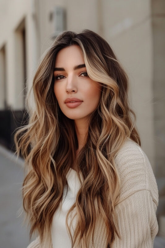 Woman with chestnut brown hair and blonde balayage.