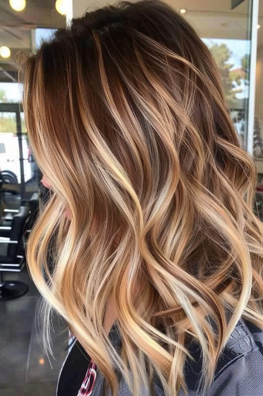 Woman with chestnut brown hair and honey highlights.